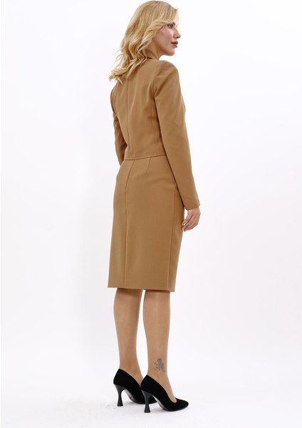 Erkek Yaka Kuruvaze Kısa Ceket & Düz Dar Etek-Camel fırsatları