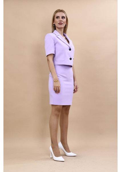 Erkek Yaka Kısa Ceket & Yırtmaçlı Düz Dar Etek-Menekşe modelleri