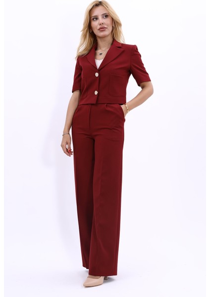 Erkek Yaka Kısa Ceket & Korsaj Kemer Palazzo Pantolon-Bordo