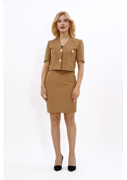 V Yaka Kısa Ceket & Yırtmaçlı Düz Dar Etek-Camel indirimleri