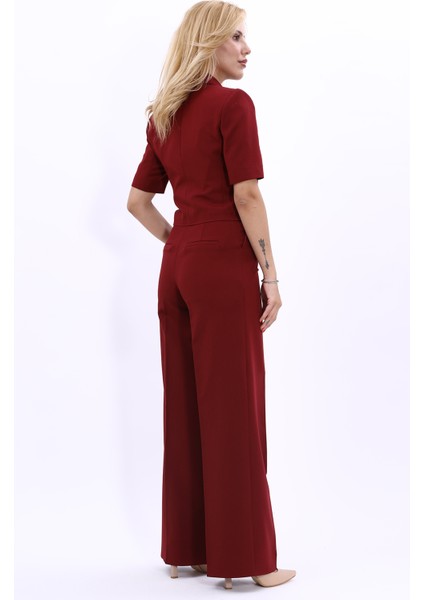 Erkek Yaka Kısa Ceket & Korsaj Kemer Palazzo Pantolon-Bordo fırsatları