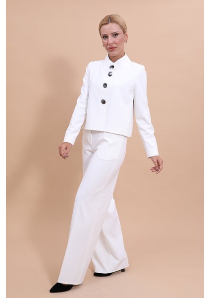 Gömlek Yaka Klasik Ceket & Korsaj Kemer Palazzo Pantolon-Beyaz