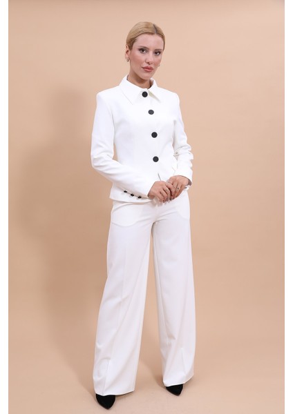 Gömlek Yaka Klasik Ceket & Korsaj Kemer Palazzo Pantolon-Beyaz fiyatları