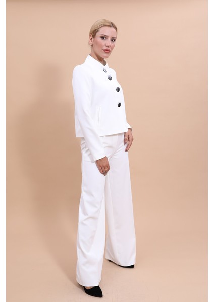 Gömlek Yaka Klasik Ceket & Korsaj Kemer Palazzo Pantolon-Beyaz modelleri