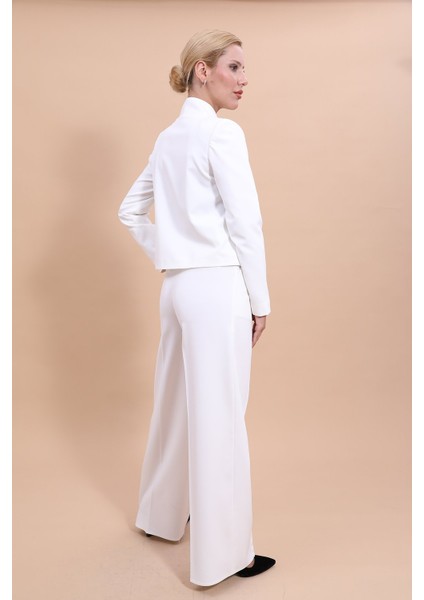 Gömlek Yaka Klasik Ceket & Korsaj Kemer Palazzo Pantolon-Beyaz fırsatları