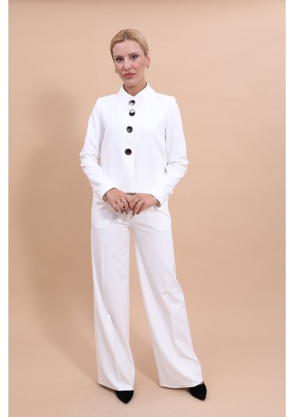 Gömlek Yaka Klasik Ceket & Korsaj Kemer Palazzo Pantolon-Beyaz indirimleri