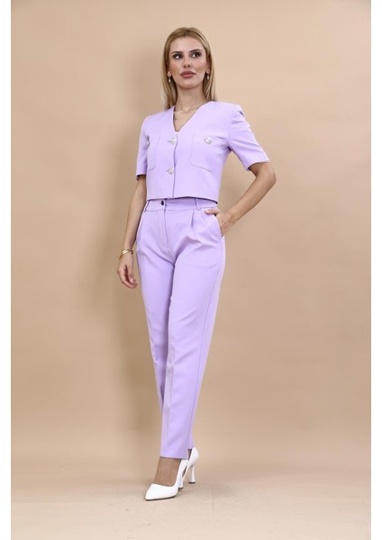 Kısa Kollu Yakasız Mini Ceket & Pileli Boru Paça Pantolon Takım-Menekşe