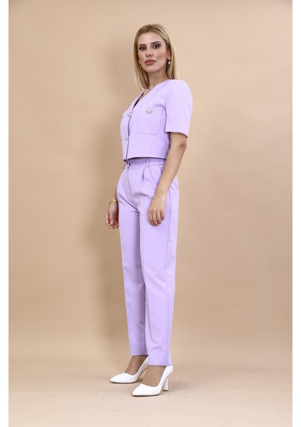 Kısa Kollu Yakasız Mini Ceket & Pileli Boru Paça Pantolon Takım-Menekşe fiyatları