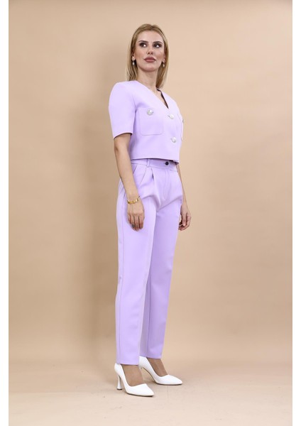 Kısa Kollu Yakasız Mini Ceket & Pileli Boru Paça Pantolon Takım-Menekşe modelleri