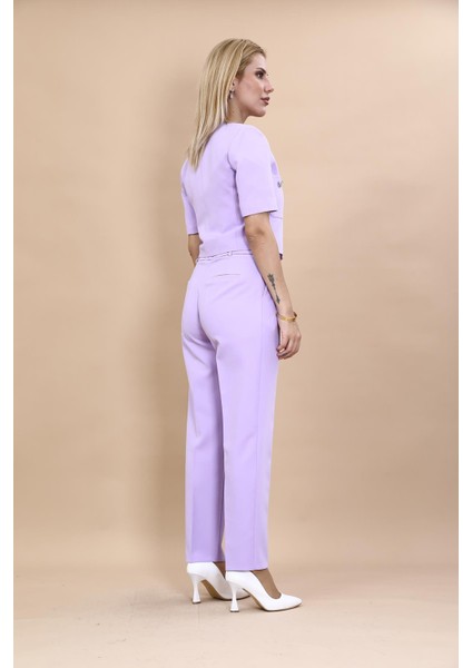 Kısa Kollu Yakasız Mini Ceket & Pileli Boru Paça Pantolon Takım-Menekşe fırsatları