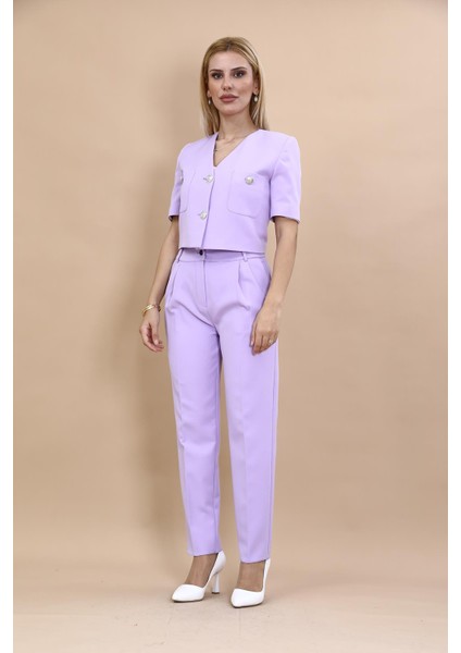 Kısa Kollu Yakasız Mini Ceket & Pileli Boru Paça Pantolon Takım-Menekşe indirimleri