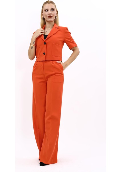 Kısa Kollu Yakalı Mini Ceket & Yüksek Bel Bol Paça Pantolon Takım-Turuncu