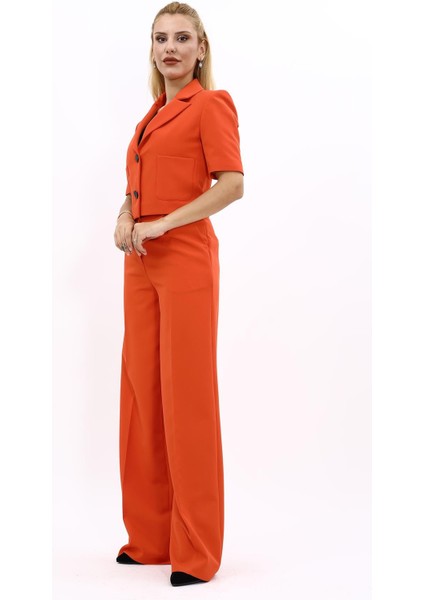 Kısa Kollu Yakalı Mini Ceket & Yüksek Bel Bol Paça Pantolon Takım-Turuncu fiyatları