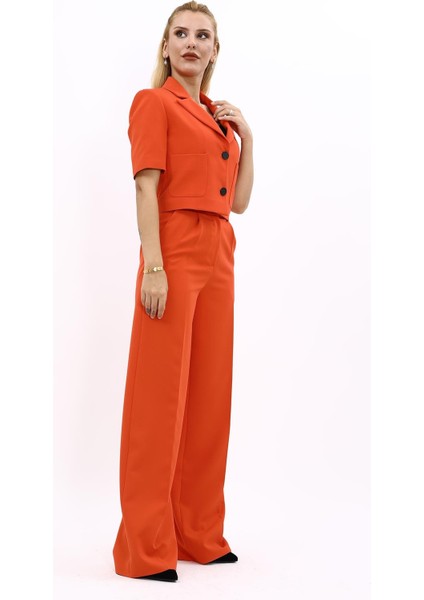 Kısa Kollu Yakalı Mini Ceket & Yüksek Bel Bol Paça Pantolon Takım-Turuncu modelleri