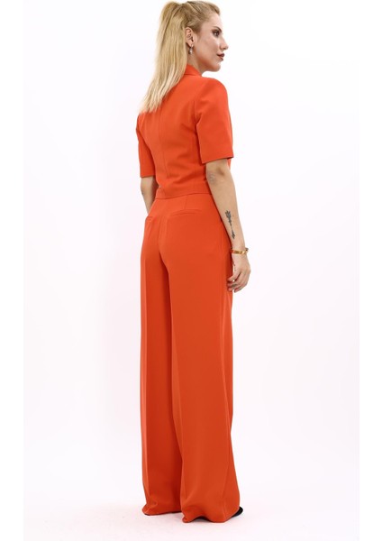 Kısa Kollu Yakalı Mini Ceket & Yüksek Bel Bol Paça Pantolon Takım-Turuncu fırsatları