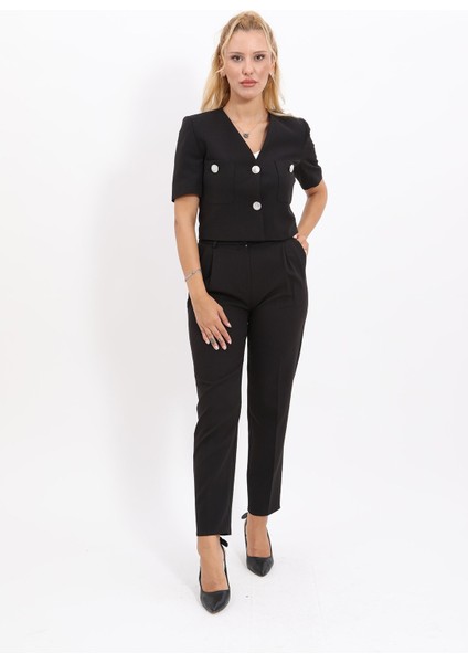 Kısa Kollu Yakasız Mini Ceket & Pileli Boru Paça Pantolon Takım-Siyah fiyatları