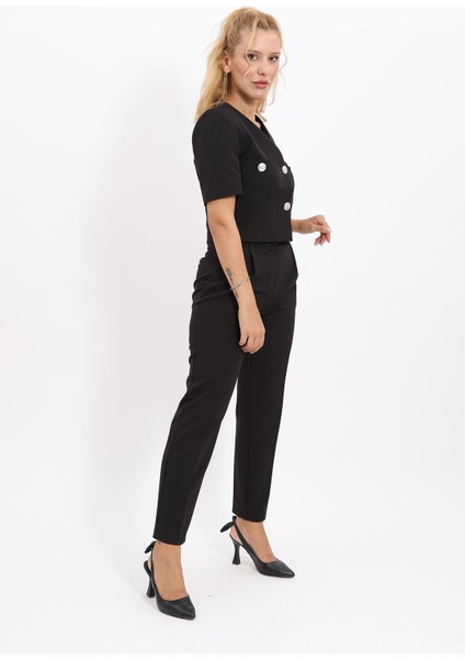 Kısa Kollu Yakasız Mini Ceket & Pileli Boru Paça Pantolon Takım-Siyah modelleri