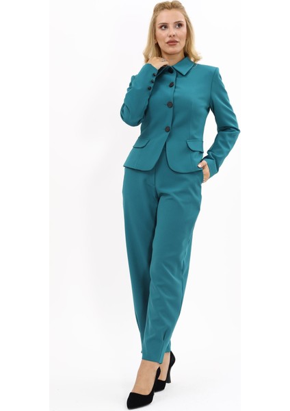 Gömlek Yaka Klasik Ceket & Paçası Pileli Pantolon-Petrol