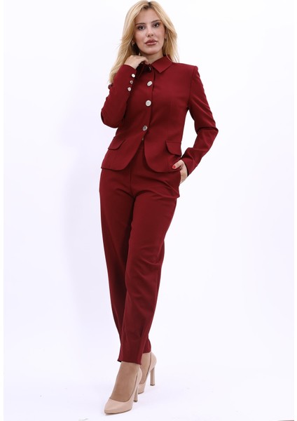 Gömlek Yaka Klasik Ceket & Paçası Pileli Pantolon-Bordo