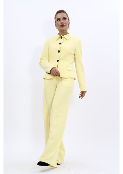 Gömlek Yaka Klasik Ceket & Korsaj Kemer Palazzo Pantolon-Sarı