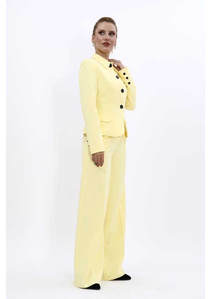Gömlek Yaka Klasik Ceket & Korsaj Kemer Palazzo Pantolon-Sarı modelleri