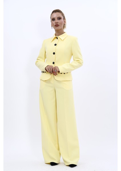 Gömlek Yaka Klasik Ceket & Korsaj Kemer Palazzo Pantolon-Sarı indirimleri