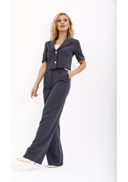 Erkek Yaka Kısa Ceket & Korsaj Kemer Palazzo Pantolon-Füme fırsatları