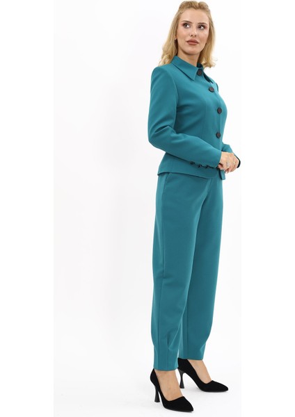 Gömlek Yaka Klasik Ceket & Paçası Pileli Pantolon-Petrol modelleri