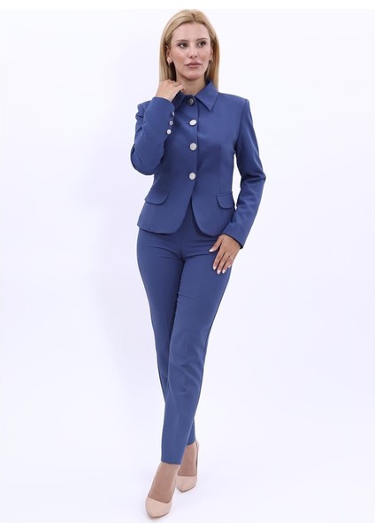 Peplum Ceket & Boru Paça Pantolon Takım-Indigo