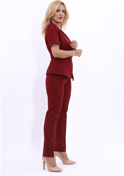 Hakim Yaka Yandan Tokalı Çapraz Ceket & Dar Paça Pantolon-Bordo fiyatları
