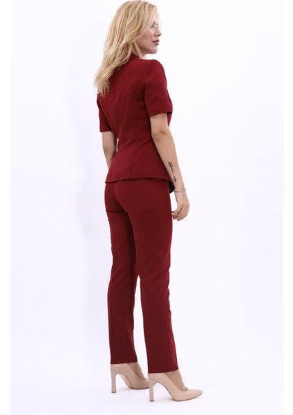 Hakim Yaka Yandan Tokalı Çapraz Ceket & Dar Paça Pantolon-Bordo modelleri