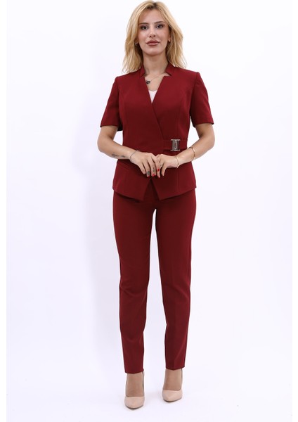 Hakim Yaka Yandan Tokalı Çapraz Ceket & Dar Paça Pantolon-Bordo fırsatları