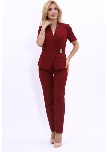 Hakim Yaka Yandan Tokalı Çapraz Ceket & Dar Paça Pantolon-Bordo indirimleri
