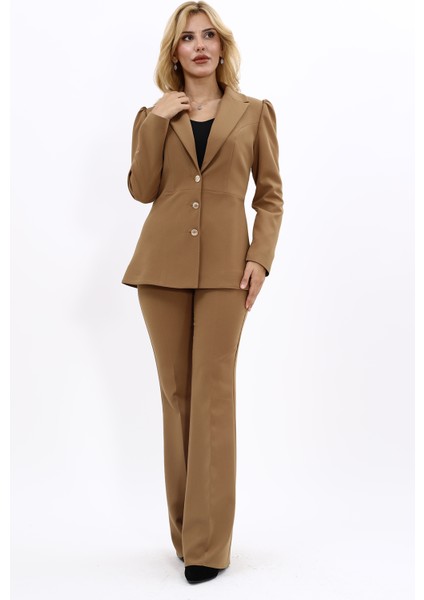 Erkek Yaka Kolu Büzgülü Ceket & İspanyol Paça Pantolon-Camel