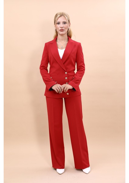 Erkek Yaka Düğme Detaylı Ceket & Bol Paça Pantolon-Kırmızı fırsatları