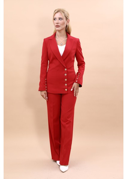 Erkek Yaka Düğme Detaylı Ceket & Bol Paça Pantolon-Kırmızı indirimleri