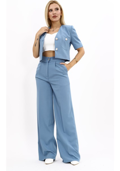 Kısa Kollu Yakasız Mini Ceket & Yüksek Bel Bol Paça Pantolon Takım-Deniz