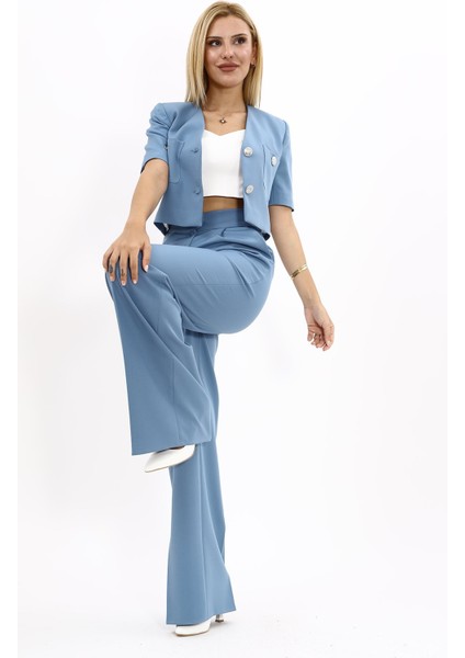 Kısa Kollu Yakasız Mini Ceket & Yüksek Bel Bol Paça Pantolon Takım-Deniz fiyatları