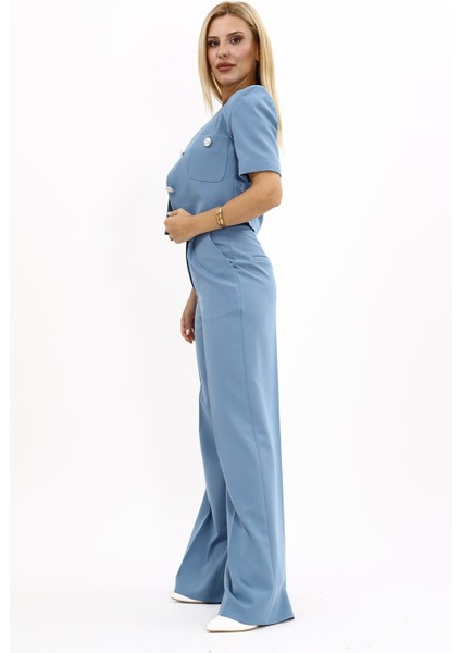 Kısa Kollu Yakasız Mini Ceket & Yüksek Bel Bol Paça Pantolon Takım-Deniz modelleri