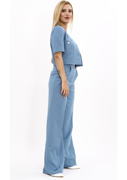 Kısa Kollu Yakasız Mini Ceket & Yüksek Bel Bol Paça Pantolon Takım-Deniz fırsatları