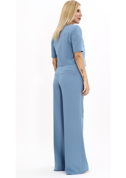 Kısa Kollu Yakasız Mini Ceket & Yüksek Bel Bol Paça Pantolon Takım-Deniz indirimleri