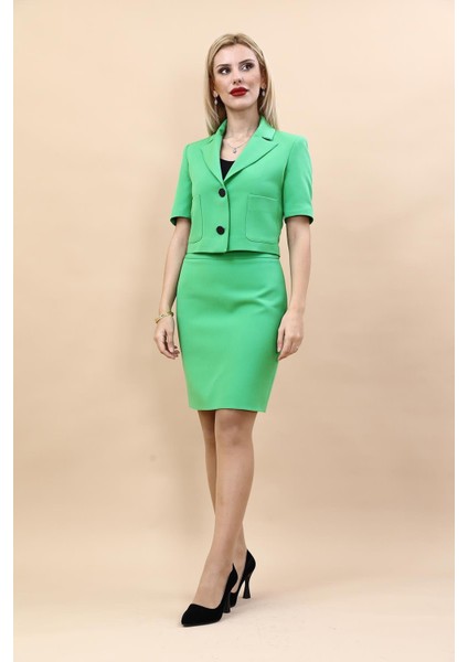Kısa Kollu Yakalı Mini Ceket & Kısa Kalem Etek Takım-Yeşil