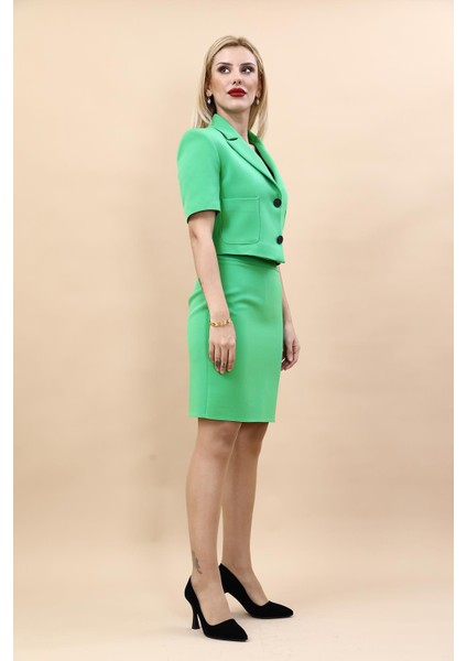 Kısa Kollu Yakalı Mini Ceket & Kısa Kalem Etek Takım-Yeşil modelleri