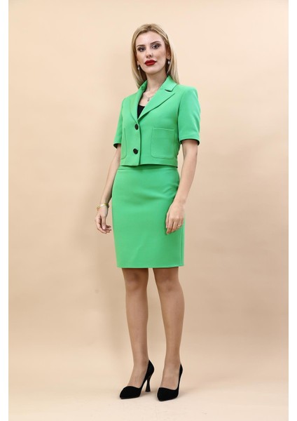Kısa Kollu Yakalı Mini Ceket & Kısa Kalem Etek Takım-Yeşil indirimleri