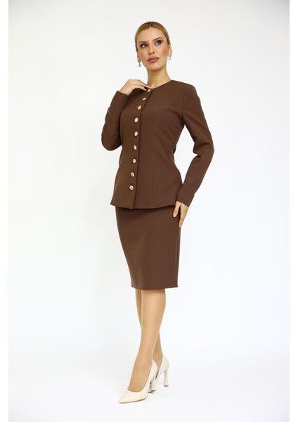 Sıfır Yaka Boydan Düğmeli Ceket & Düz Dar Etek-Kestane