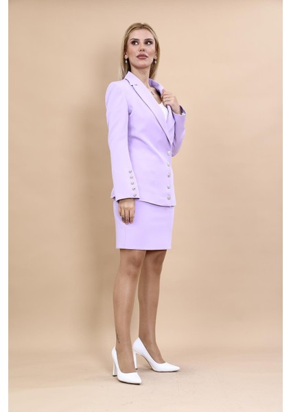 Erkek Yaka Düğme Detaylı Ceket & Yırtmaçlı Düz Dar Etek-Menekşe modelleri