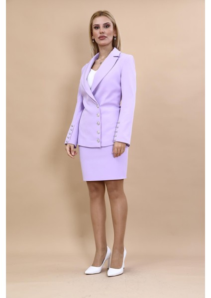 Erkek Yaka Düğme Detaylı Ceket & Yırtmaçlı Düz Dar Etek-Menekşe indirimleri