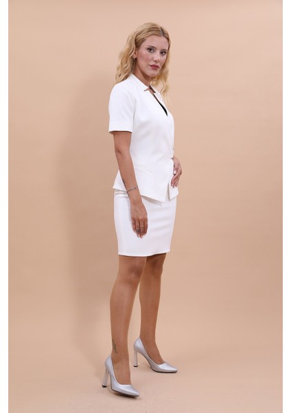 Hakim Yaka Yandan Tokalı Çapraz Ceket & Yırtmaçlı Düz Dar Etek-Beyaz modelleri