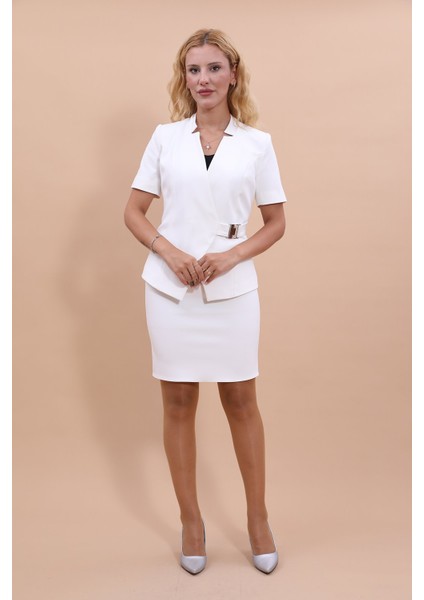 Hakim Yaka Yandan Tokalı Çapraz Ceket & Yırtmaçlı Düz Dar Etek-Beyaz fırsatları