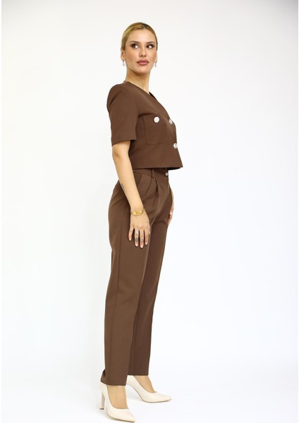 Kısa Kollu Yakasız Mini Ceket & Pileli Boru Paça Pantolon Takım-Kestane modelleri